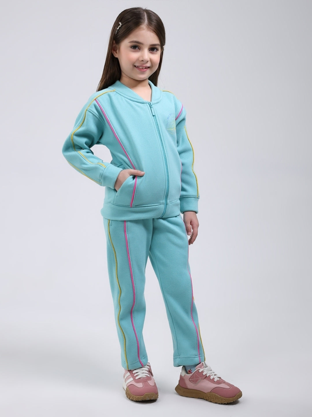 Girls Blue Printed Mock Neck Full Sleeve Tracksuit