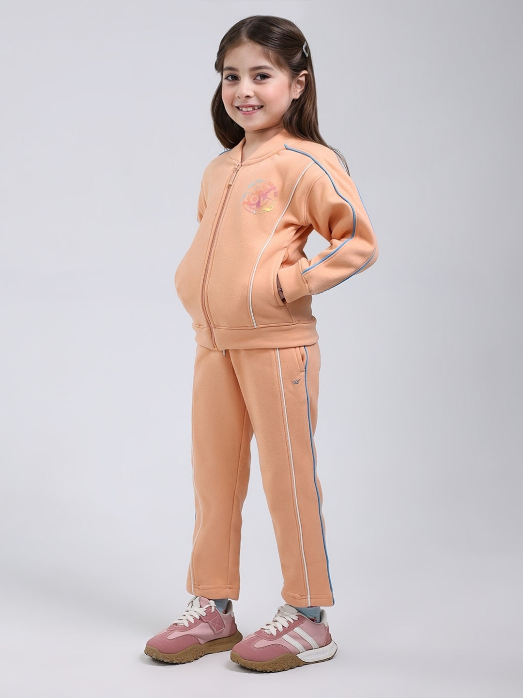 Girls Peach Printed Mock Neck Full Sleeve Tracksuit