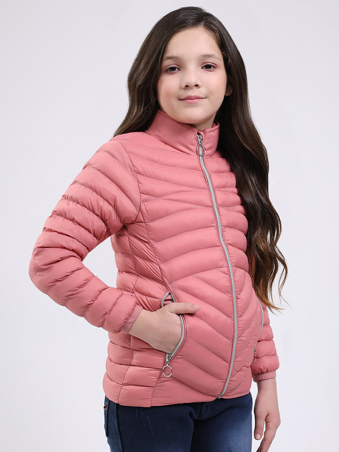 Girls Peach Solid Mock Neck Full Sleeve Jacket