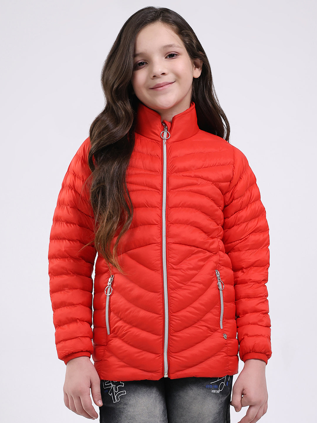 Girls Red Solid Mock Neck Full Sleeve Jacket