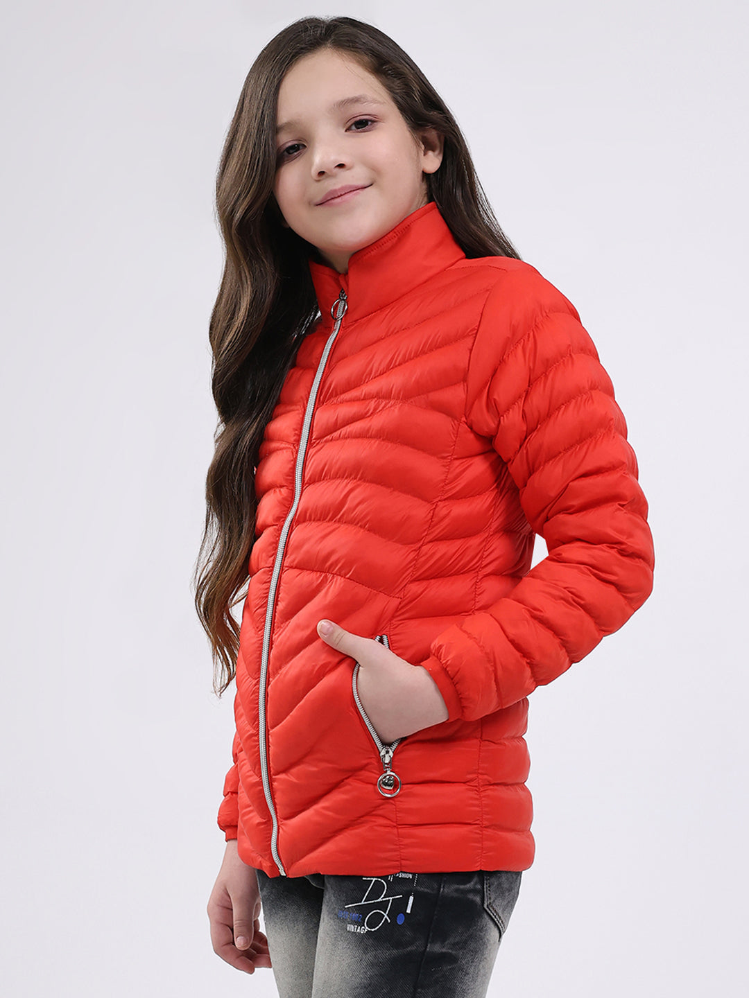Girls Red Solid Mock Neck Full Sleeve Jacket