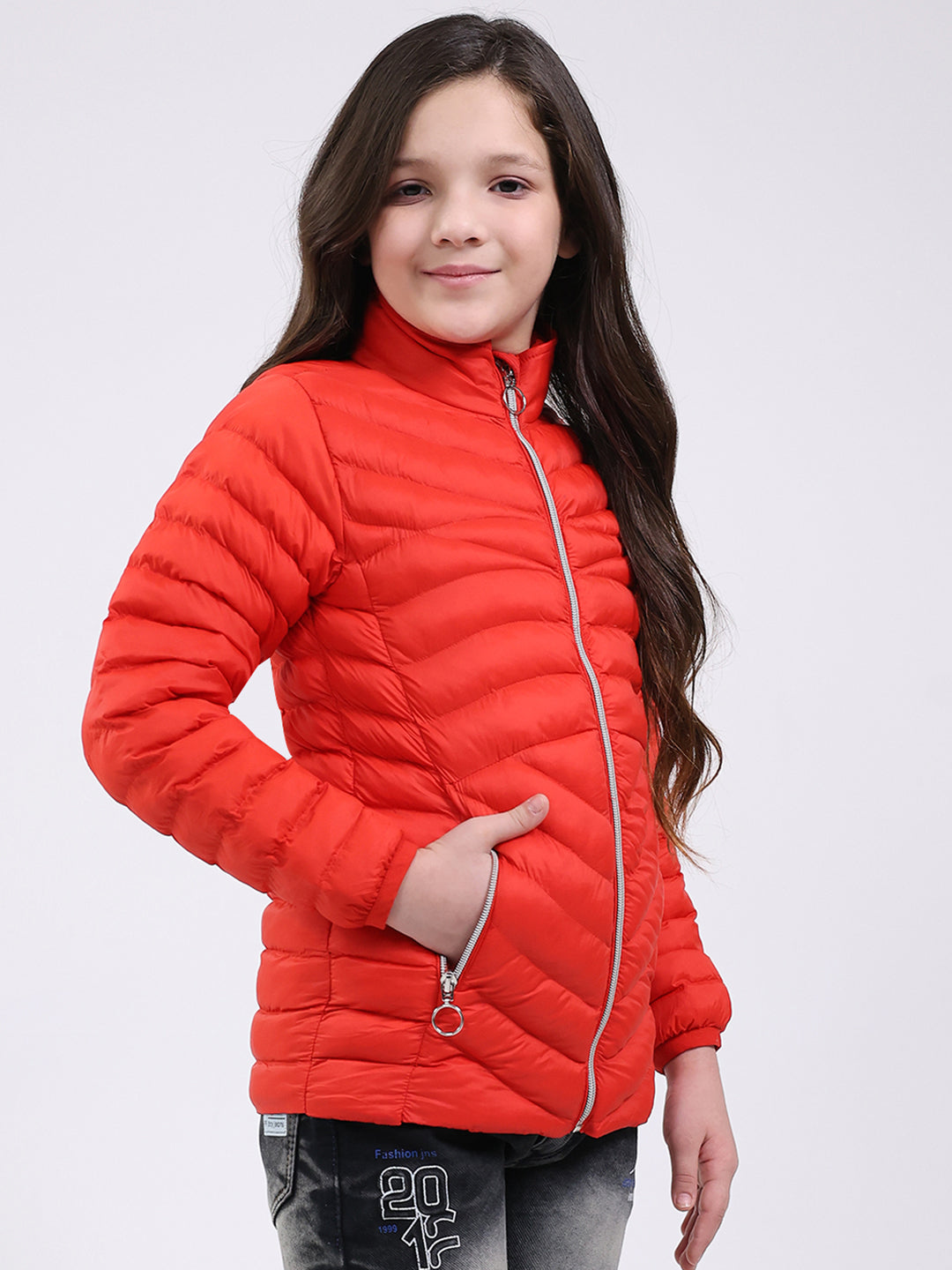 Girls Red Solid Mock Neck Full Sleeve Jacket