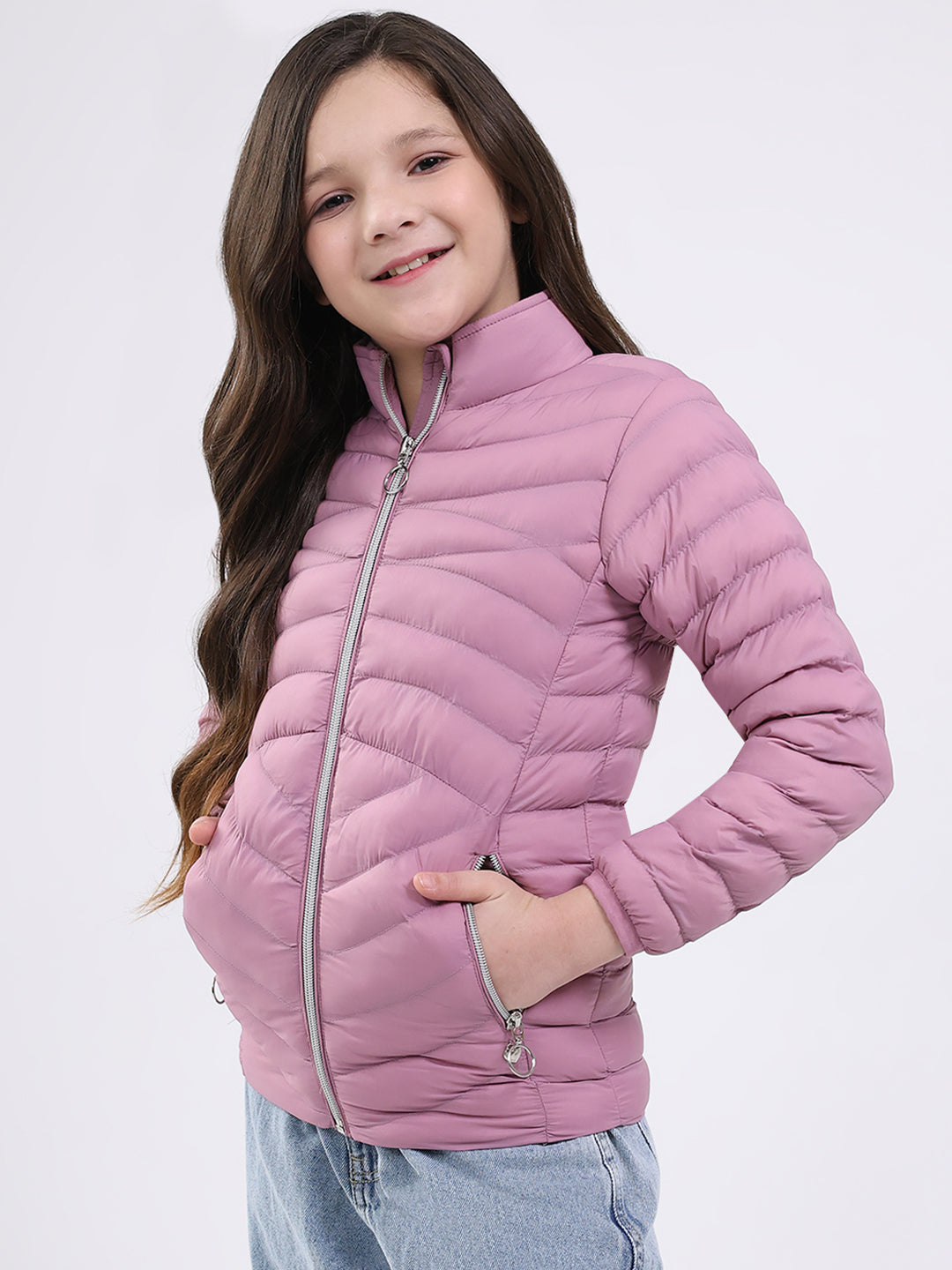 Girls Purple Solid Mock Neck Full Sleeve Jacket
