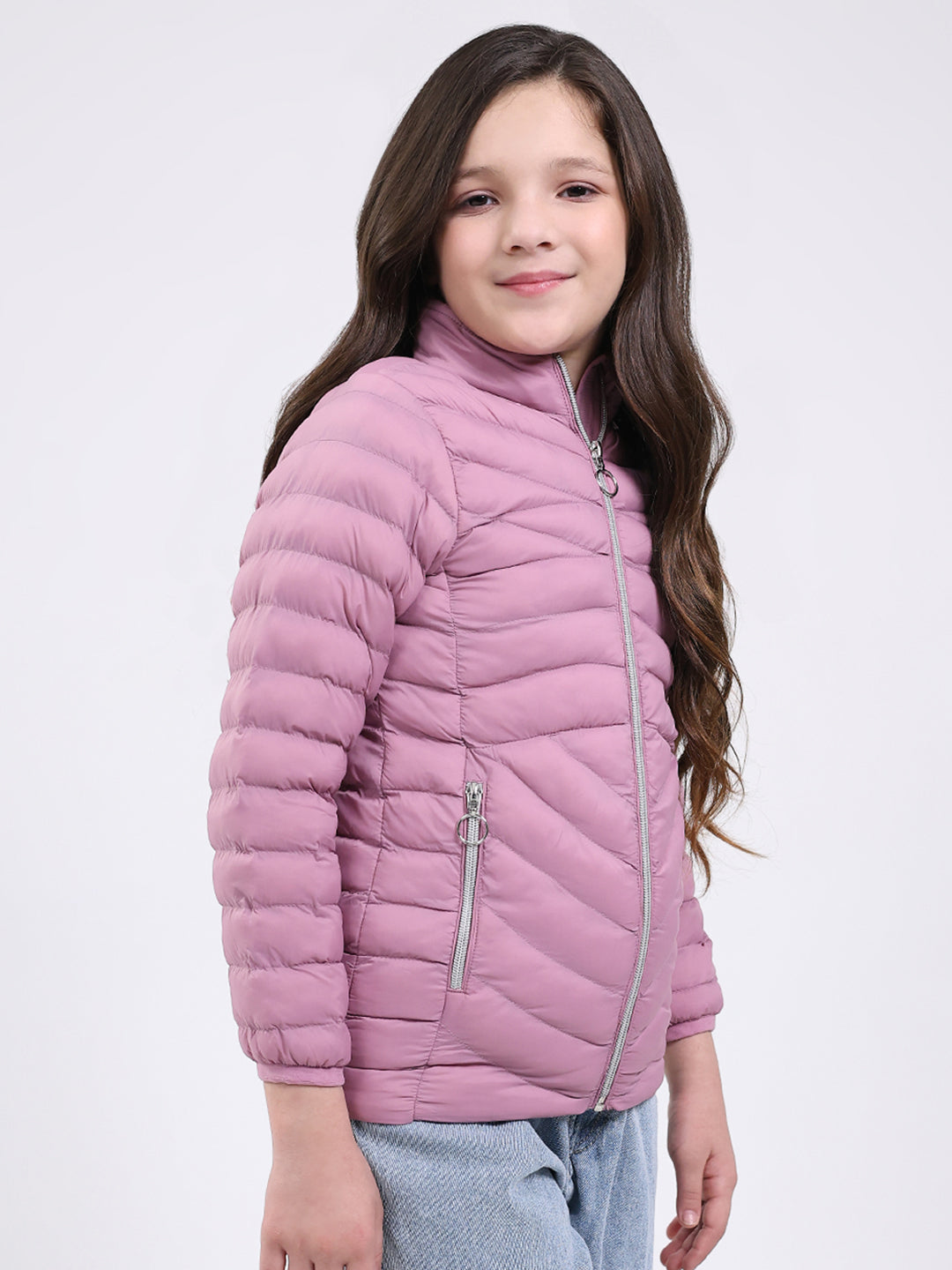 Girls Purple Solid Mock Neck Full Sleeve Jacket