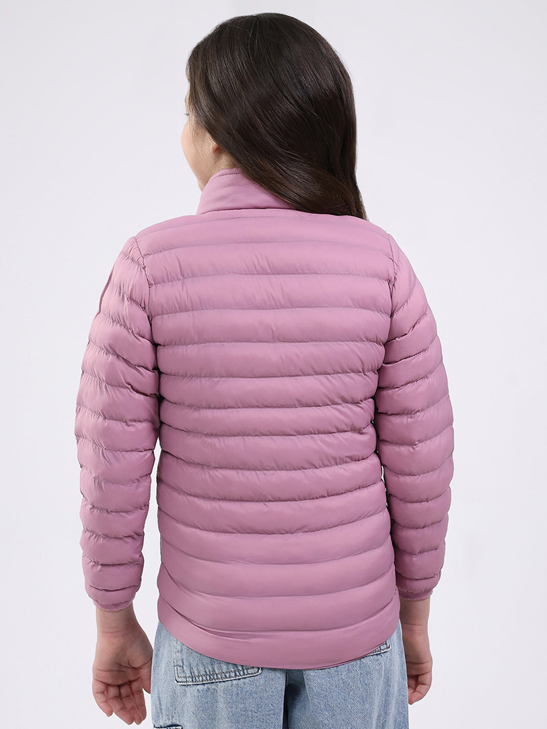 Girls Purple Solid Mock Neck Full Sleeve Jacket