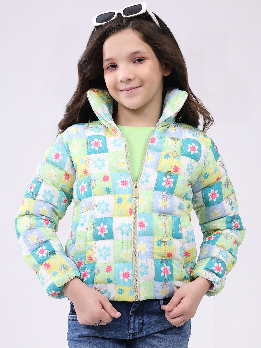 Girls Green Printed Collar Full Sleeve Jacket