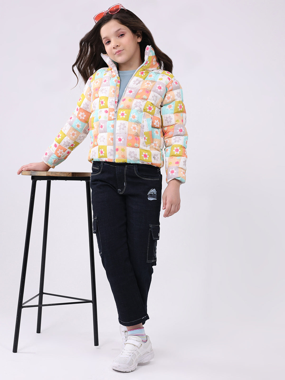 Girls Peach Printed Collar Full Sleeve Jacket