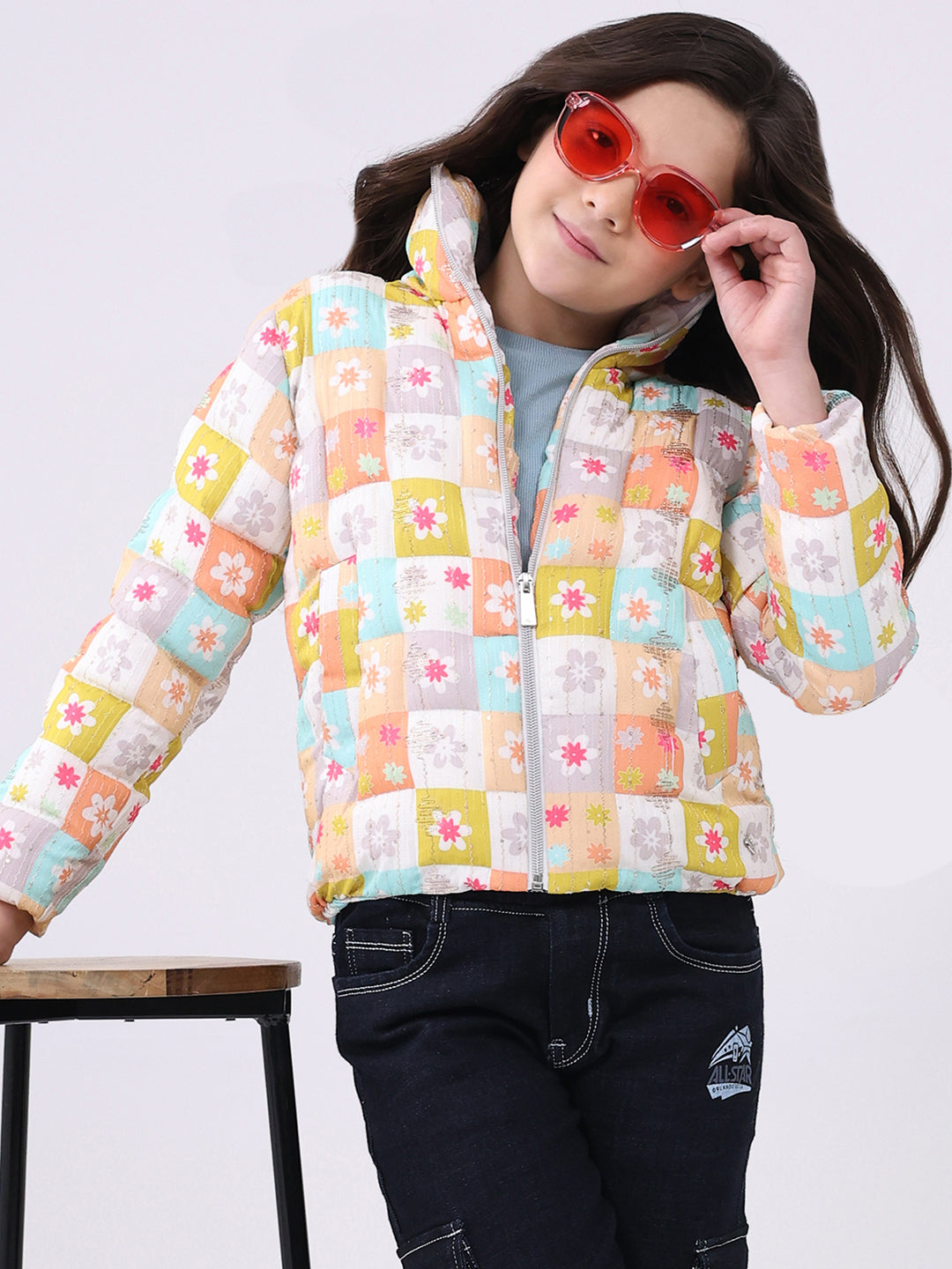Girls Peach Printed Collar Full Sleeve Jacket