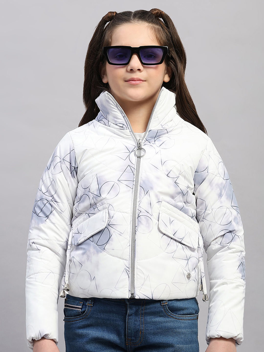 Girls Purple Printed Collar Full Sleeve Jacket