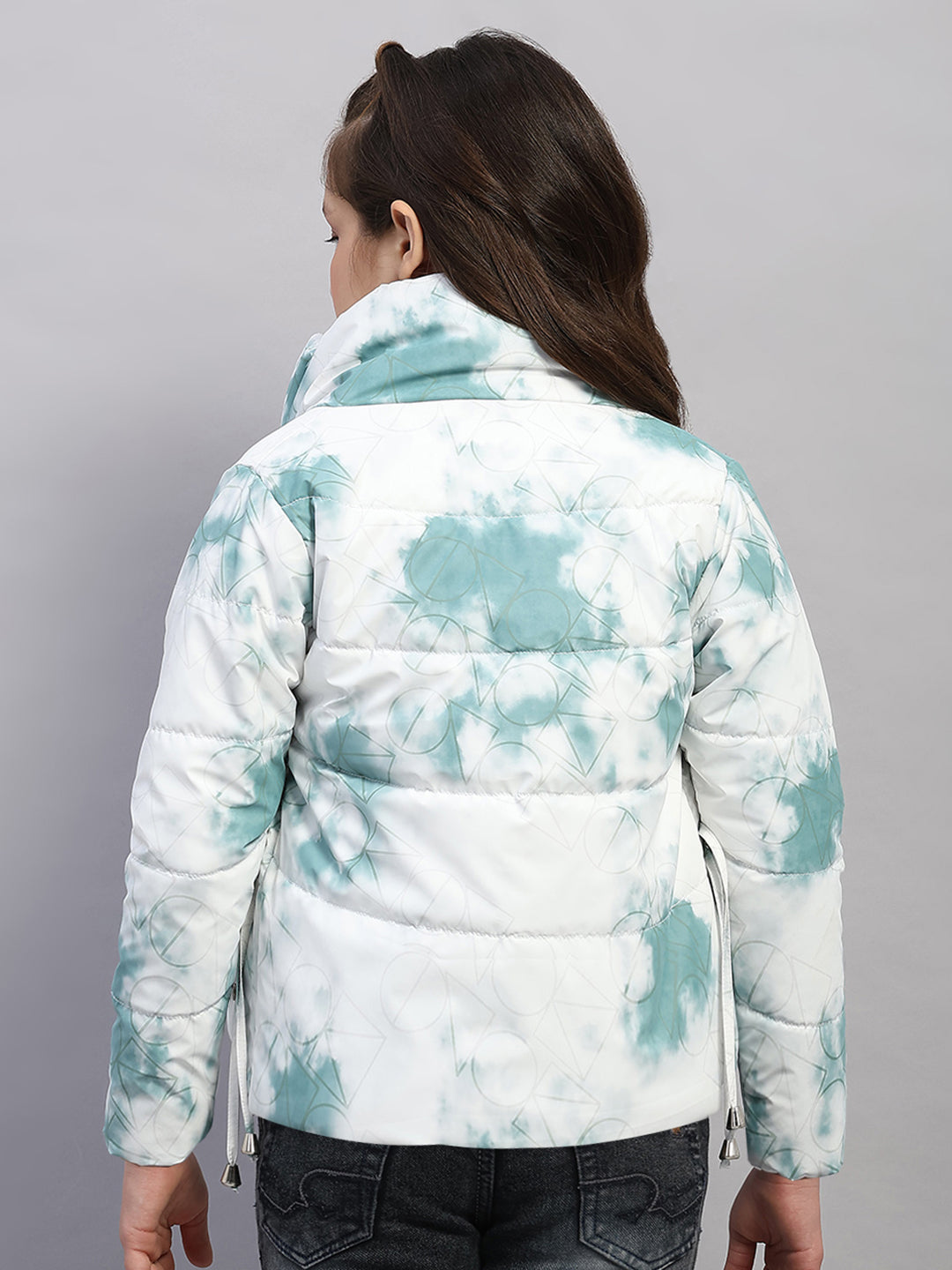 Girls Green Printed Collar Full Sleeve Jacket