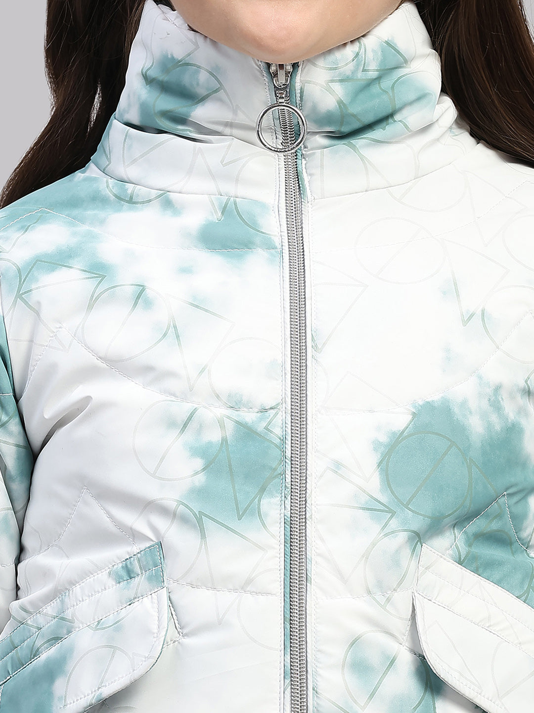 Girls Green Printed Collar Full Sleeve Jacket