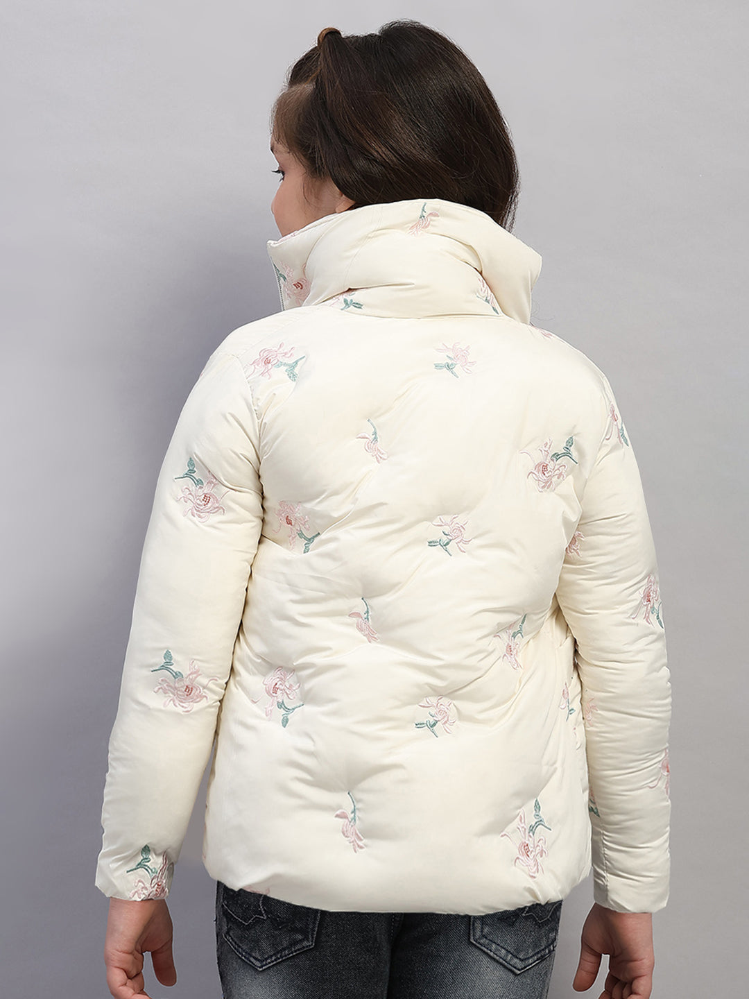 Girls Off White Embroidered Collar Full Sleeve Jacket