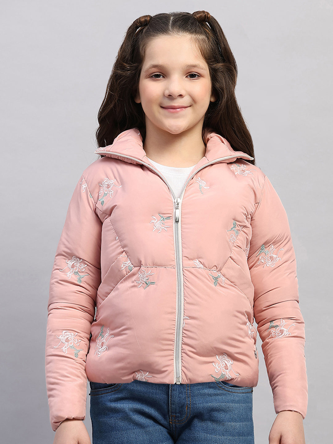 Girls Peach Embroidered Collar Full Sleeve Jacket