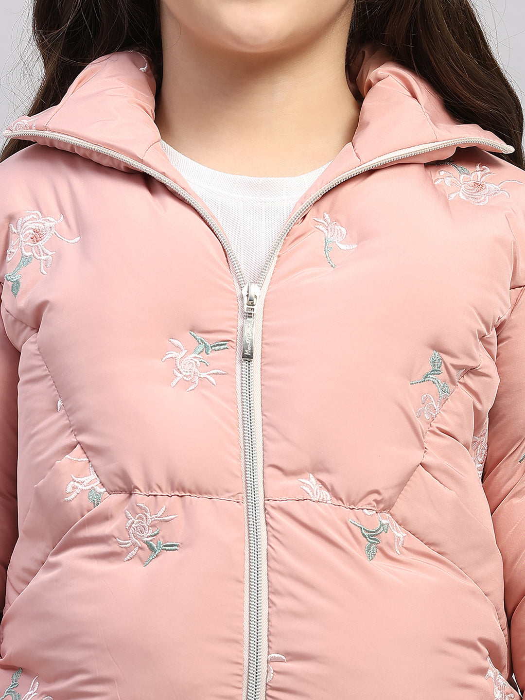 Girls Peach Embroidered Collar Full Sleeve Jacket
