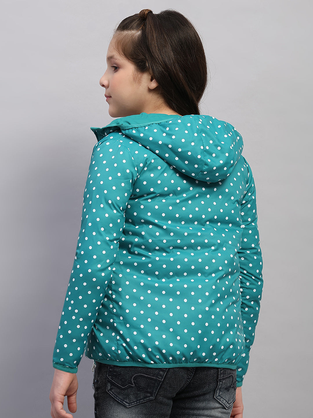 Girls Green Solid Hooded Full Sleeve Reversible Jacket