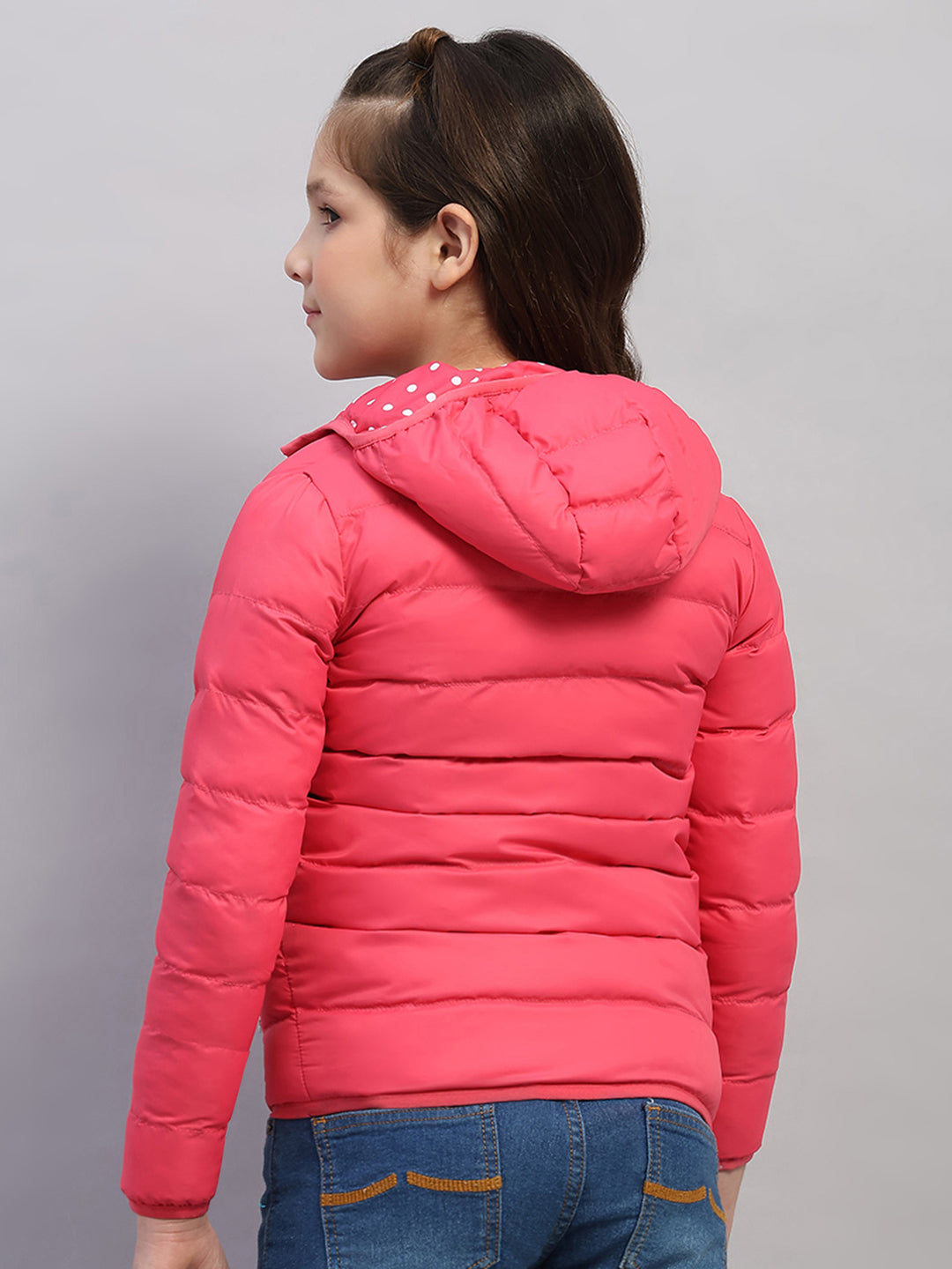 Girls Pink Solid Hooded Full Sleeve Reversible Jacket
