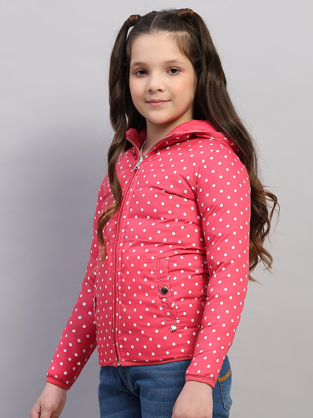 Girls Pink Solid Hooded Full Sleeve Reversible Jacket