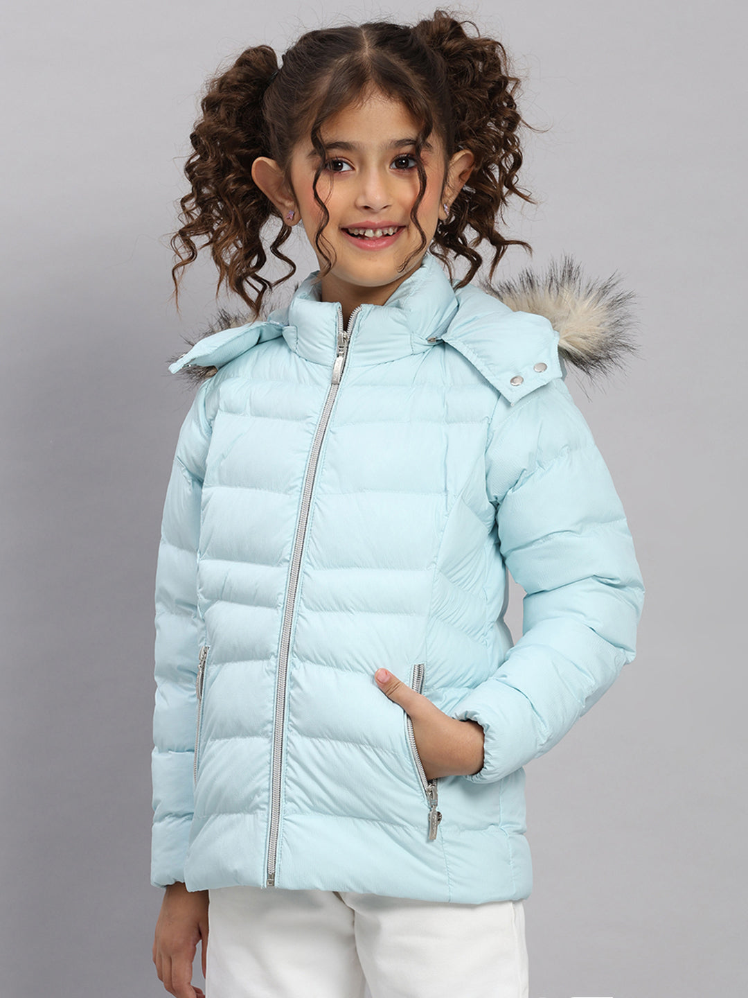 Girls Sky Blue Self Design Hooded Full Sleeve Jacket