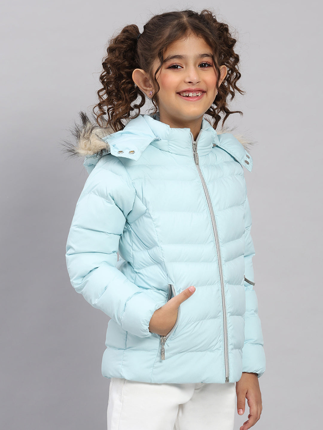 Girls Sky Blue Self Design Hooded Full Sleeve Jacket