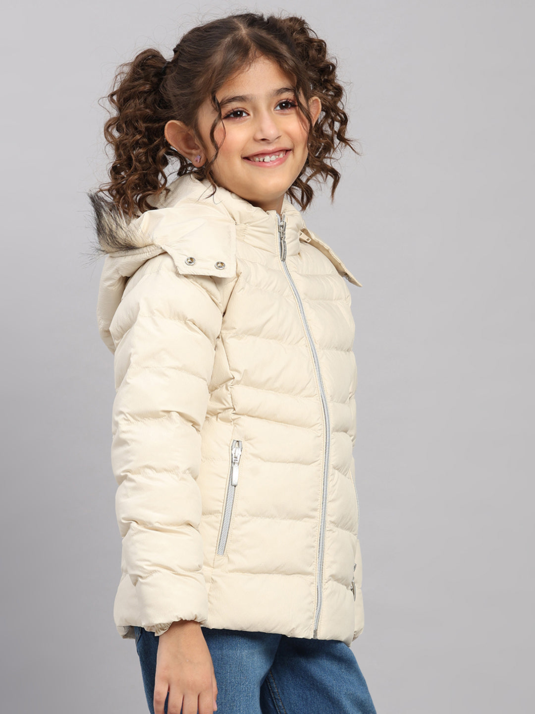 Girls Beige Self Design Hooded Full Sleeve Jacket