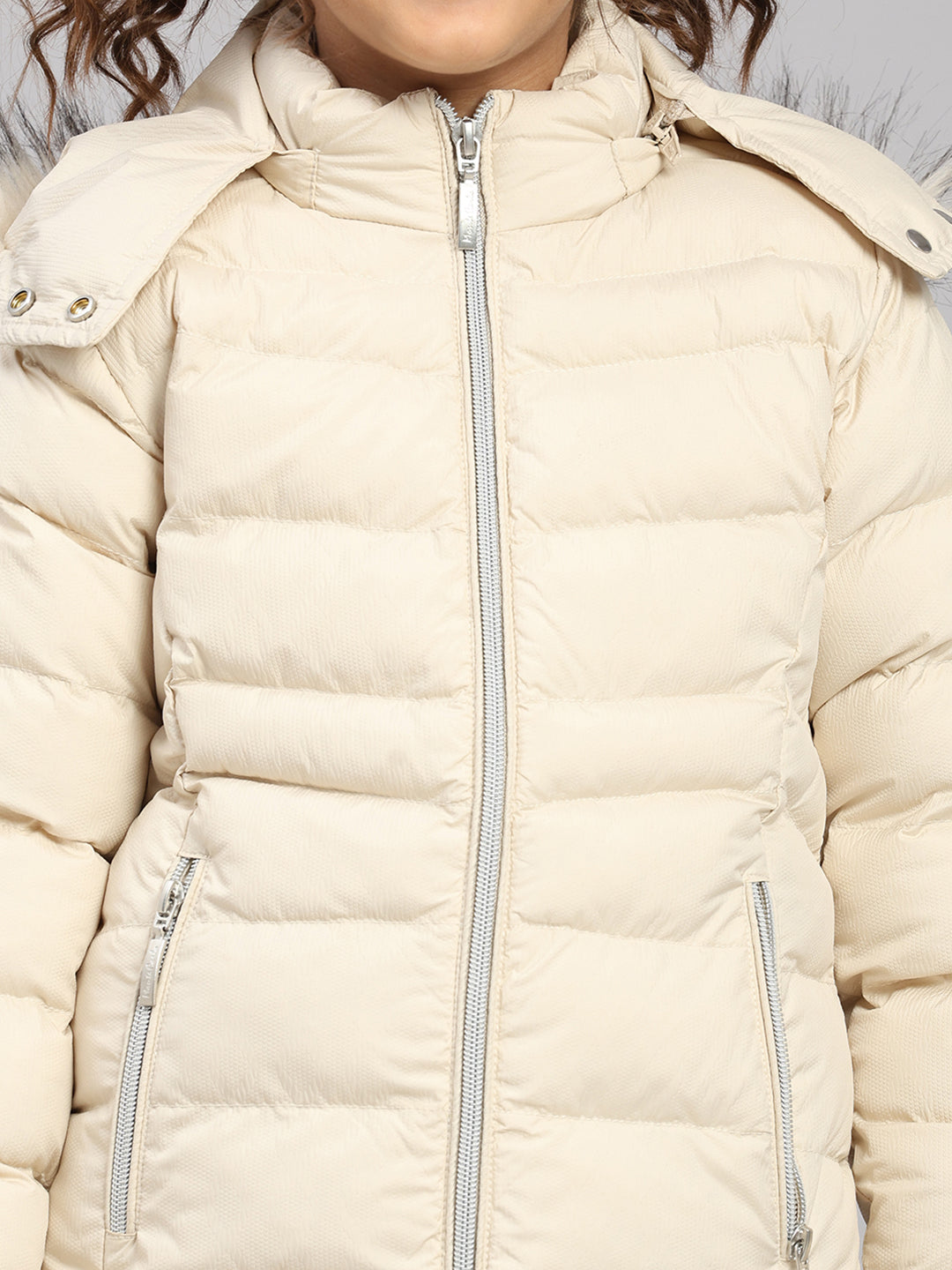 Girls Beige Self Design Hooded Full Sleeve Jacket