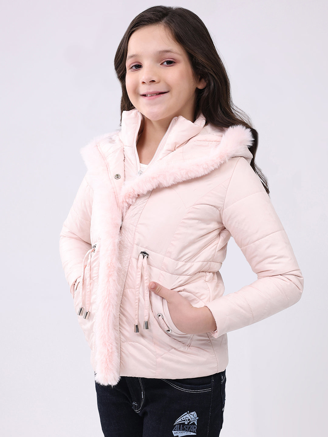 Girls Pink Solid Hooded Full Sleeve Jacket