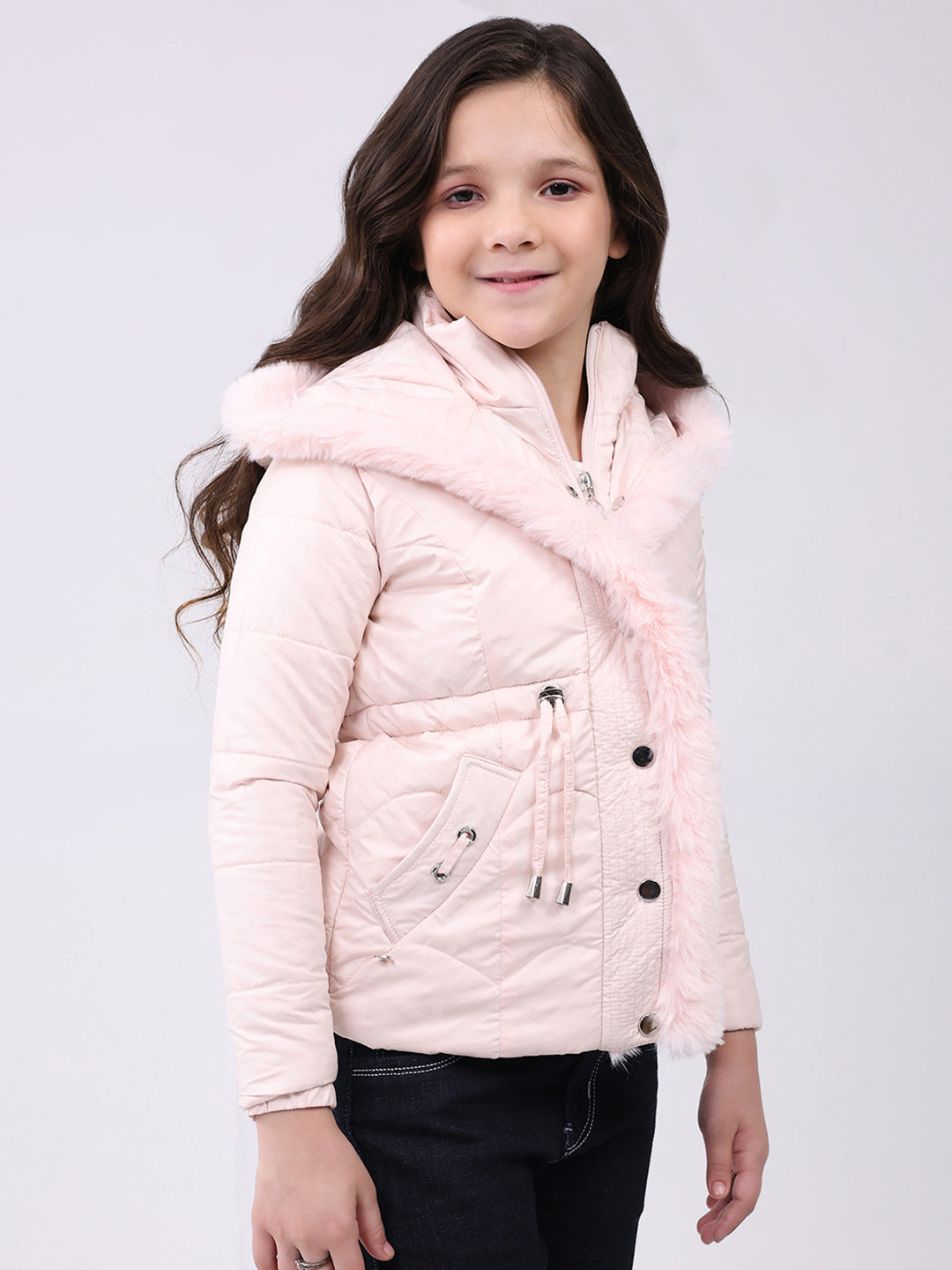 Girls Pink Solid Hooded Full Sleeve Jacket