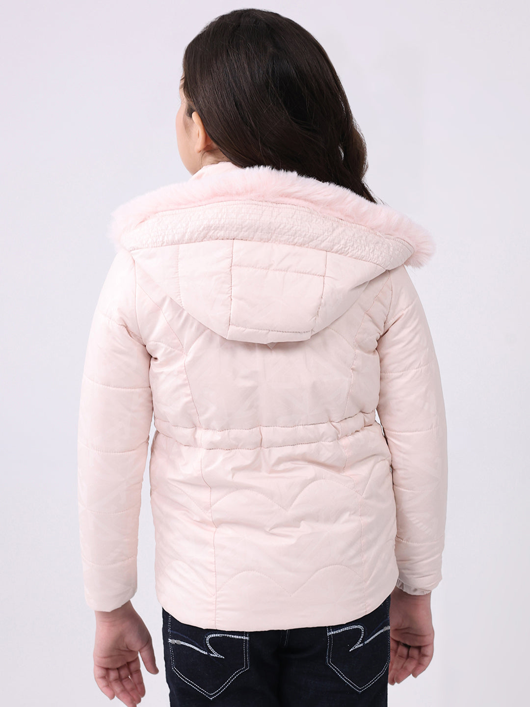 Girls Pink Solid Hooded Full Sleeve Jacket