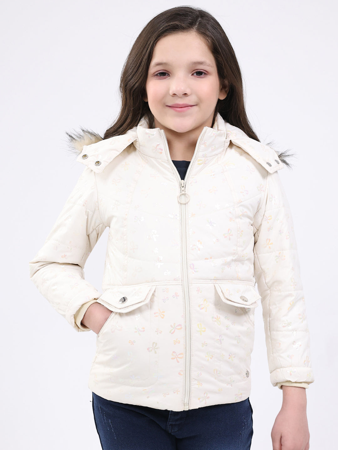 Girls Beige Printed Hooded Full Sleeve Jacket