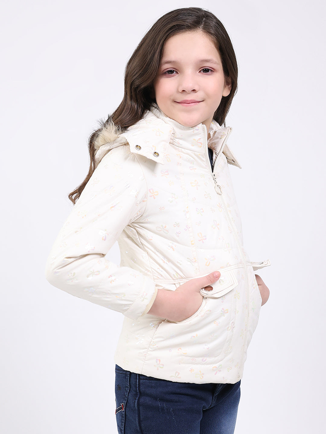 Girls Beige Printed Hooded Full Sleeve Jacket