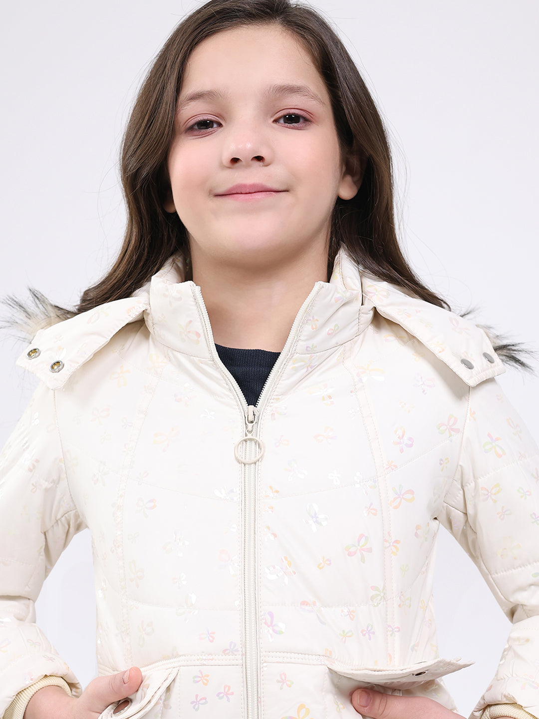 Girls Beige Printed Hooded Full Sleeve Jacket