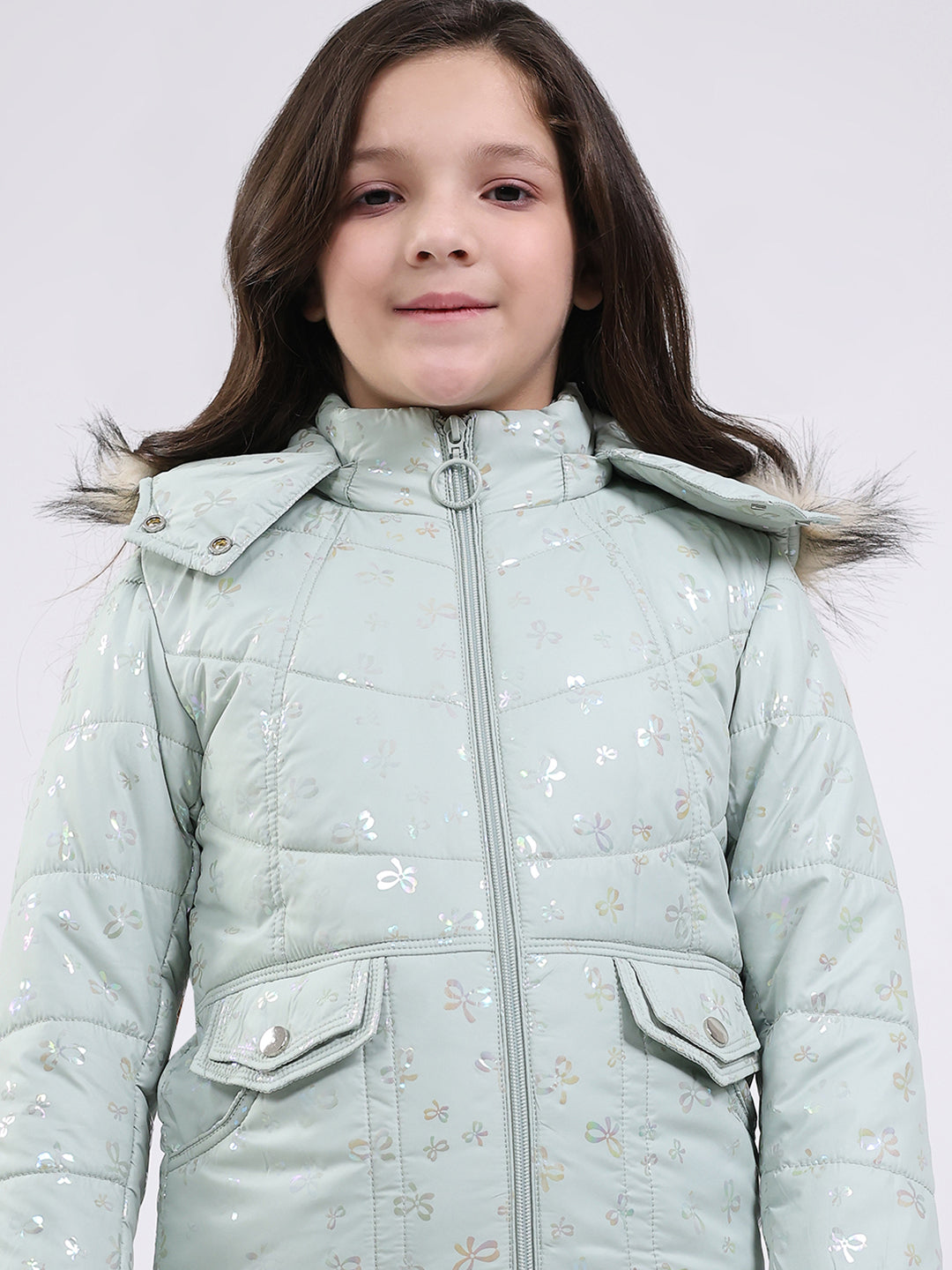 Girls Green Printed Hooded Full Sleeve Jacket