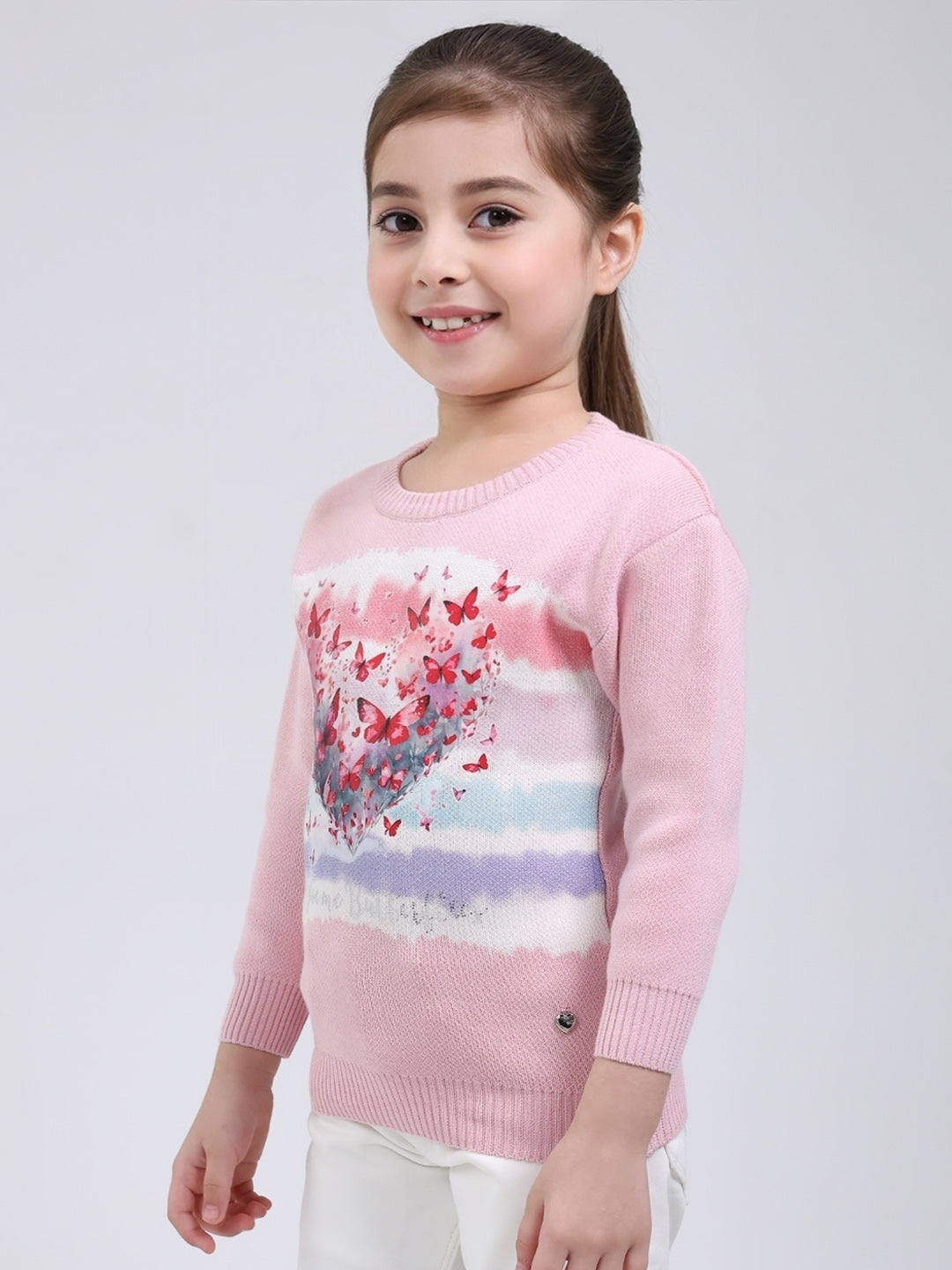 Girls Pink Printed Round Neck Full Sleeve Pullover