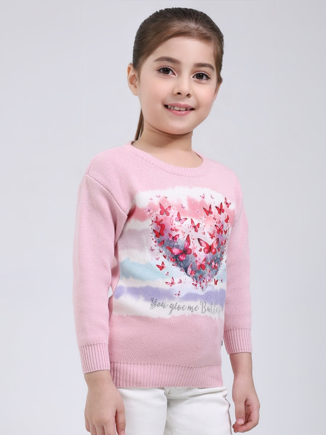 Girls Pink Printed Round Neck Full Sleeve Pullover