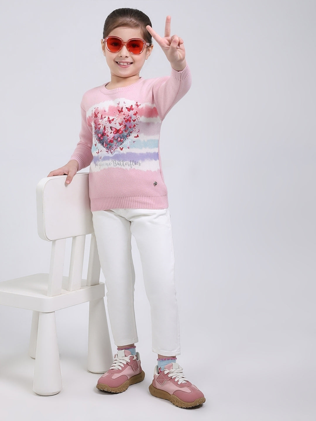 Girls Pink Printed Round Neck Full Sleeve Pullover