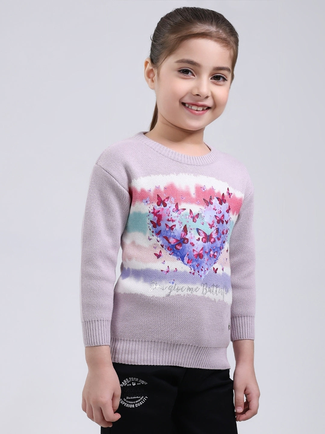 Girls Purple Printed Round Neck Full Sleeve Pullover
