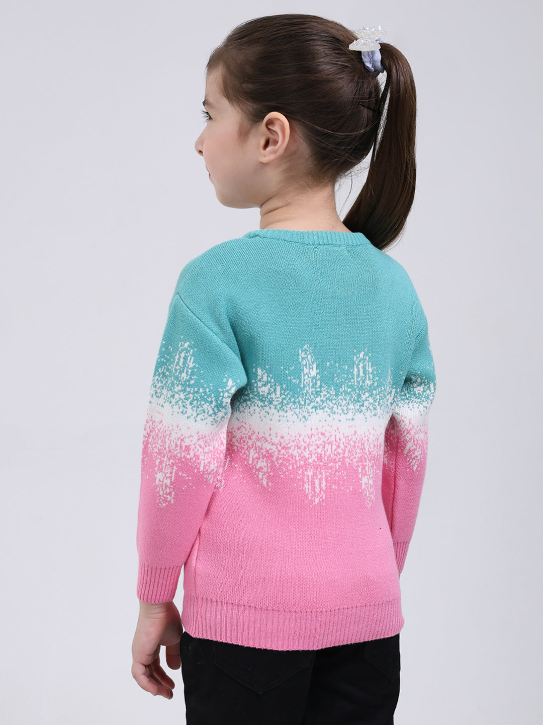 Girls Green Embroidered Round Neck Full Sleeve Pullover