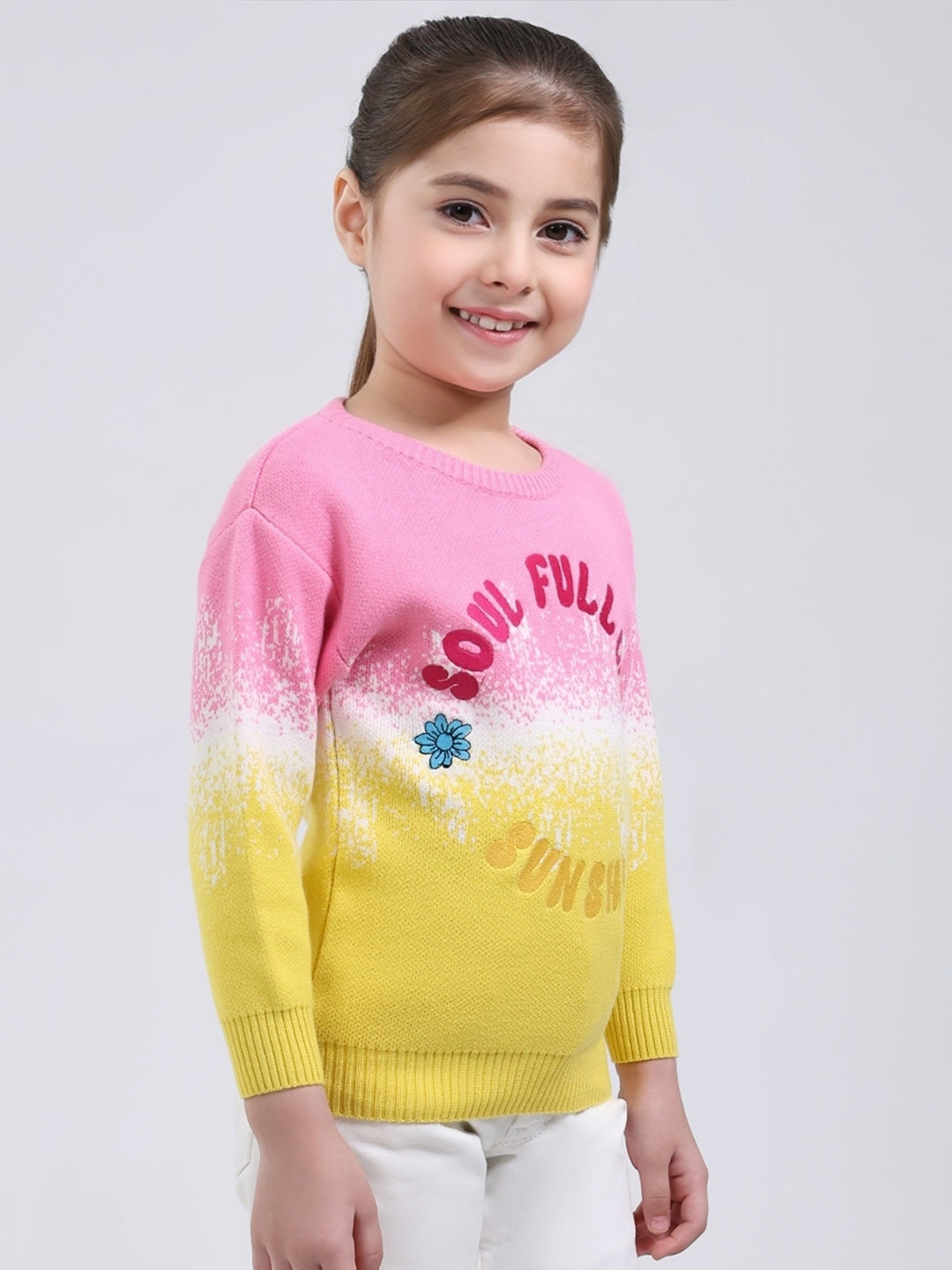 Girls Pink Embroidered Round Neck Full Sleeve Pullover