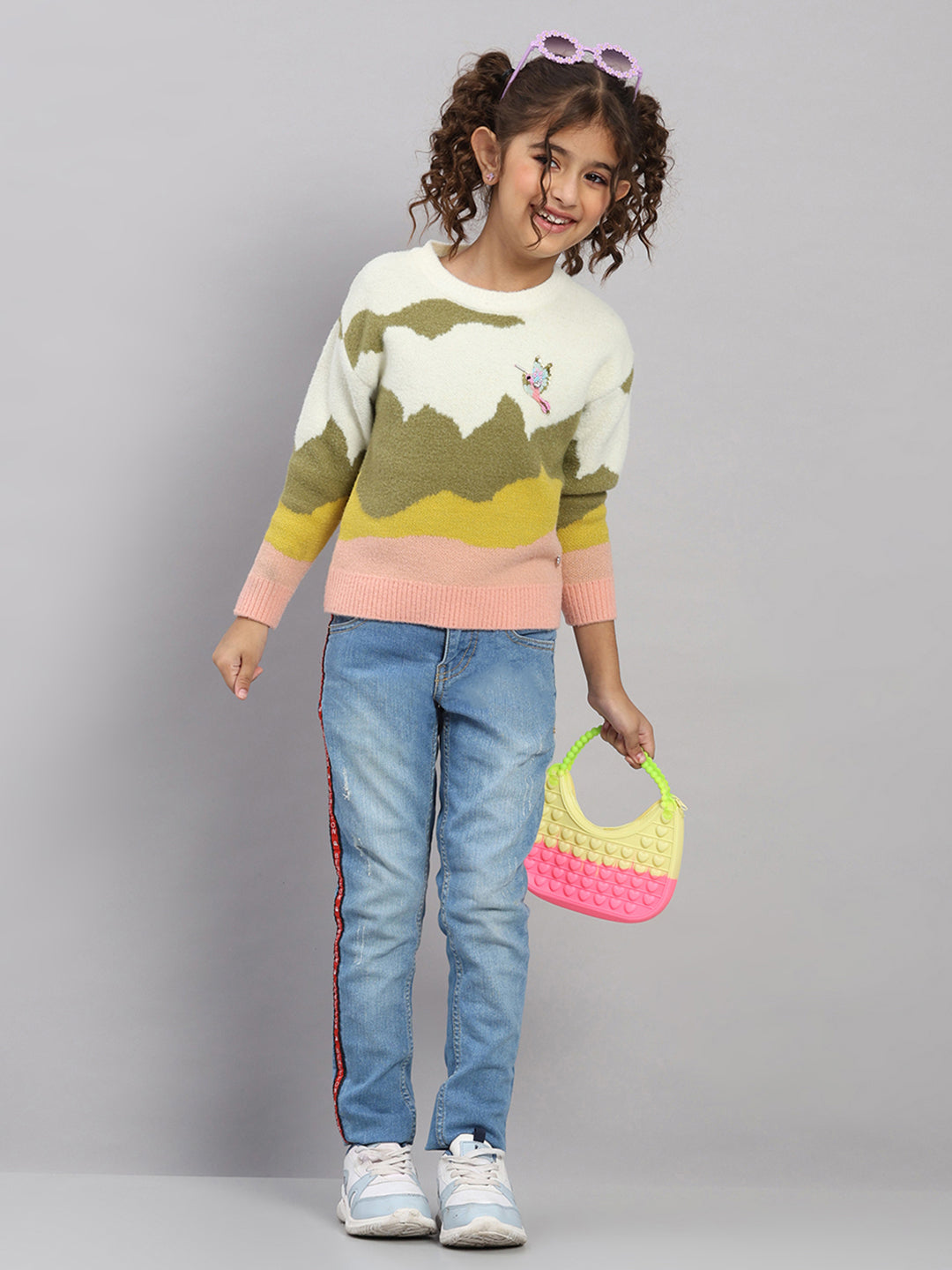 Girls Off White Embroidered Round Neck Full Sleeve Pullover