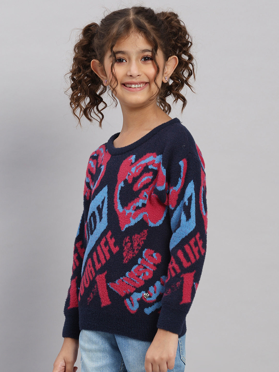 Girls Navy Blue Self Design Round Neck Full Sleeve Pullover