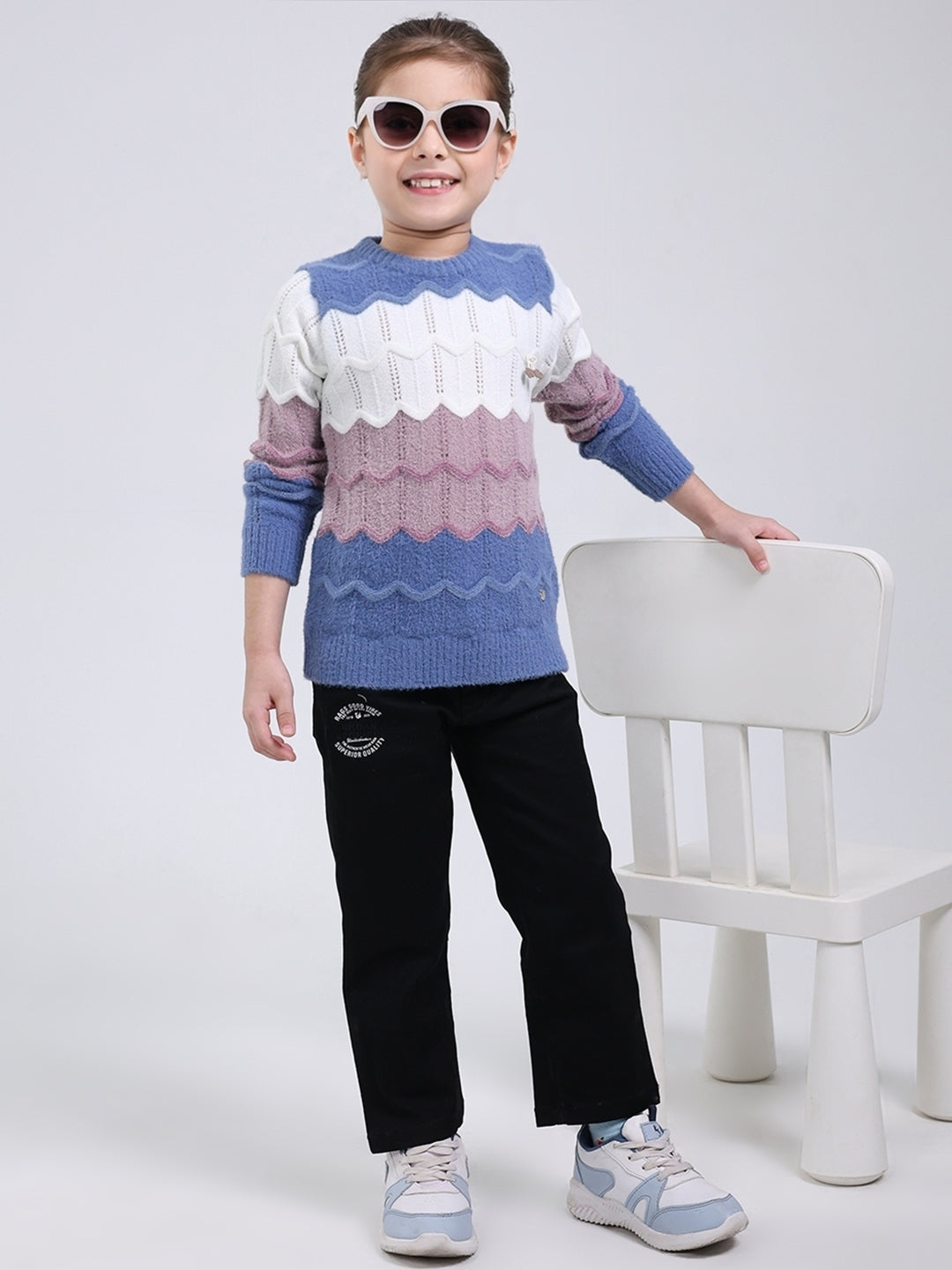 Girls Blue Stripe Round Neck Full Sleeve Pullover