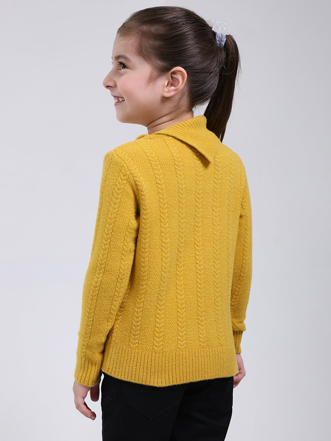 Girls Mustard Self Design Round Neck Full Sleeve Pullover