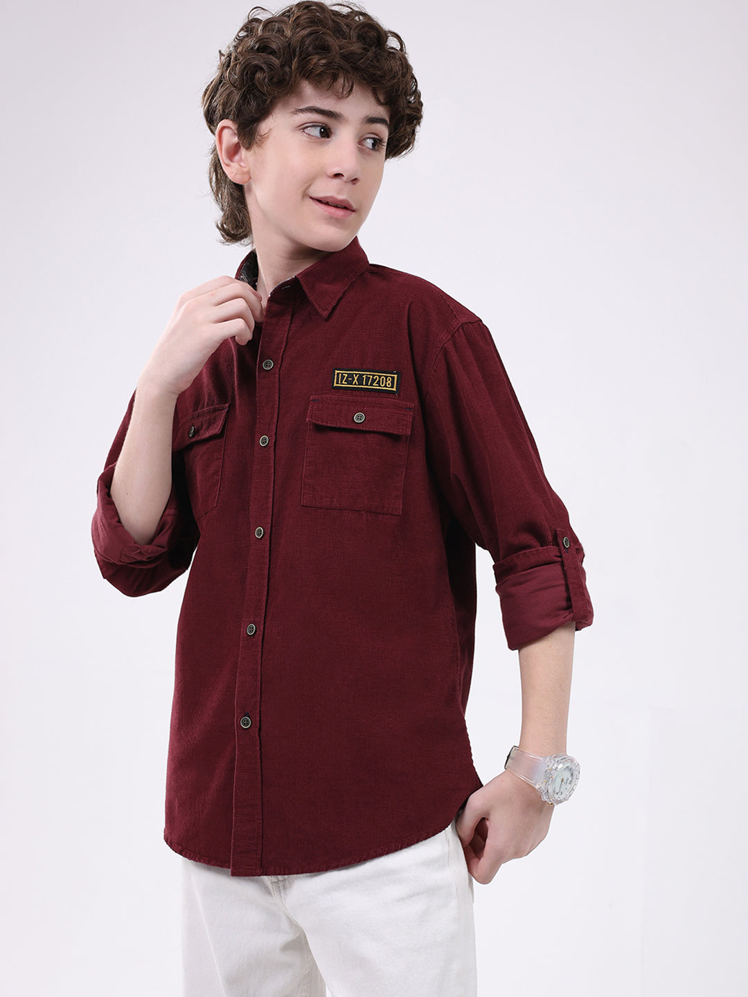 Boys Maroon Solid Collar Full Sleeve Shirt