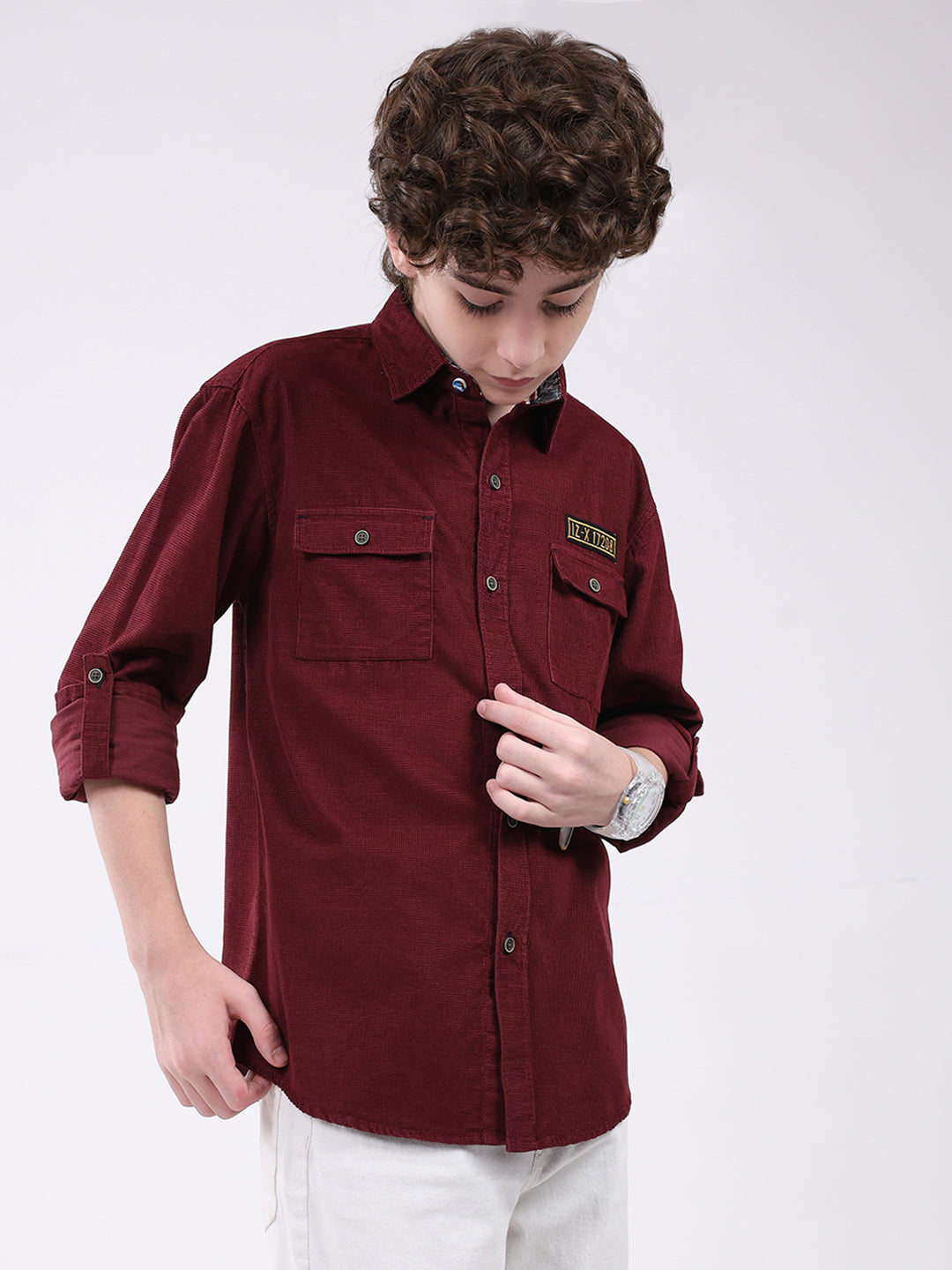 Boys Maroon Solid Collar Full Sleeve Shirt