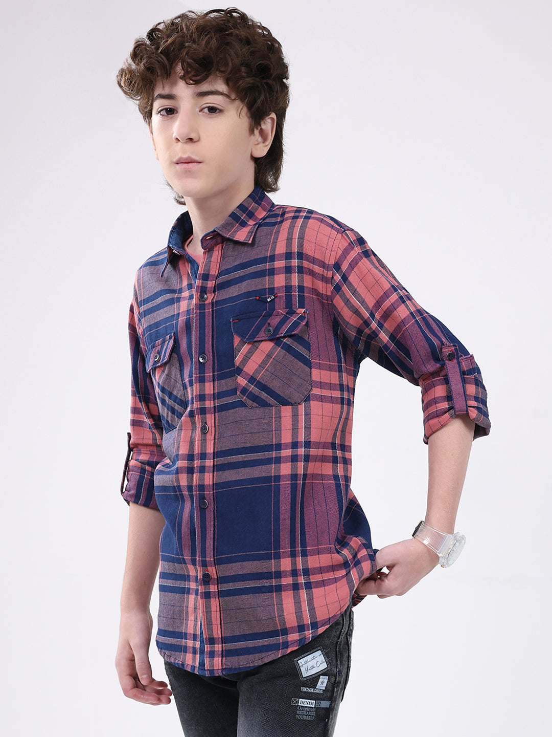 Boys Blue Check Collar Full Sleeve Shirt