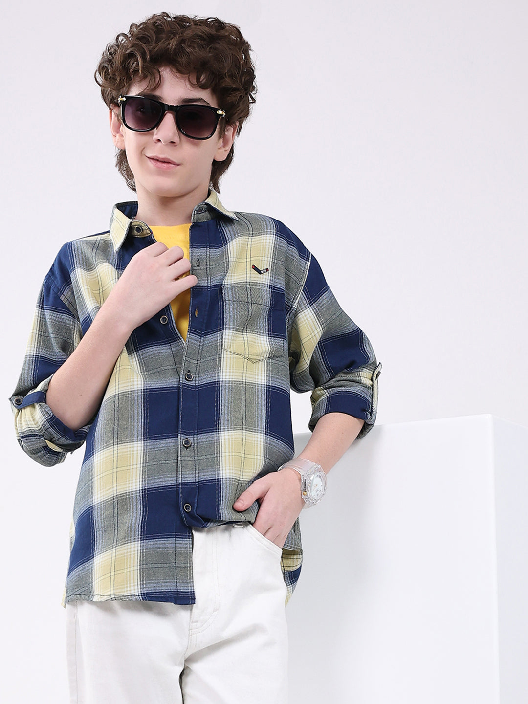 Boys Navy Blue Check Collar Full Sleeve Shirt