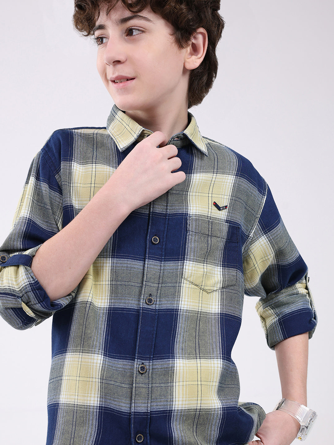 Boys Navy Blue Check Collar Full Sleeve Shirt