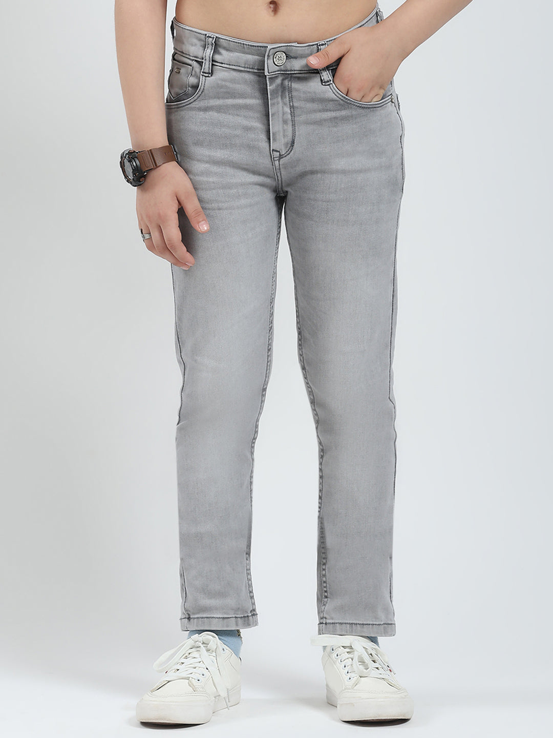 Boys Grey Solid Slim Fit Denim