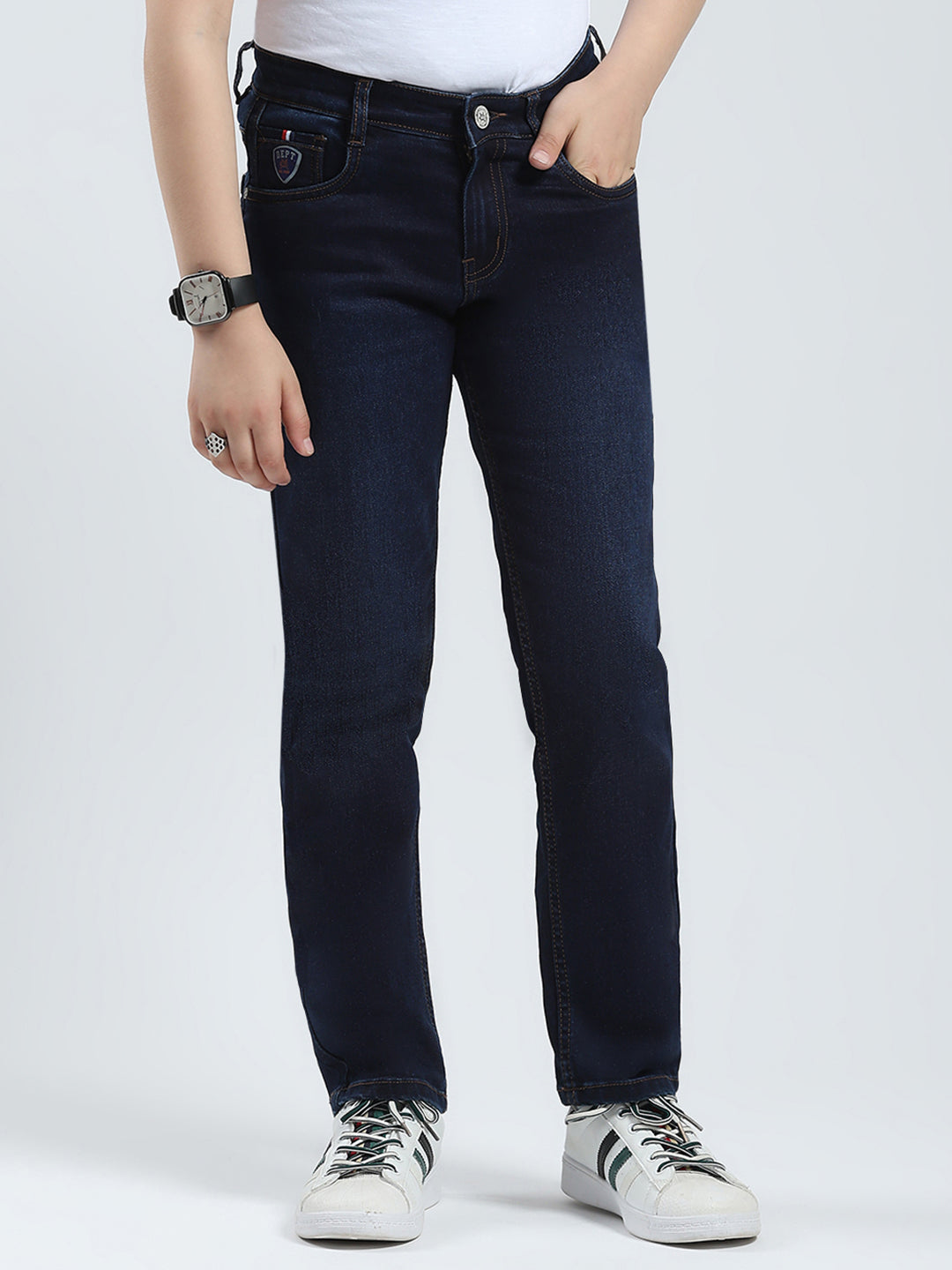 Boys Blue Solid Slim Fit Denim
