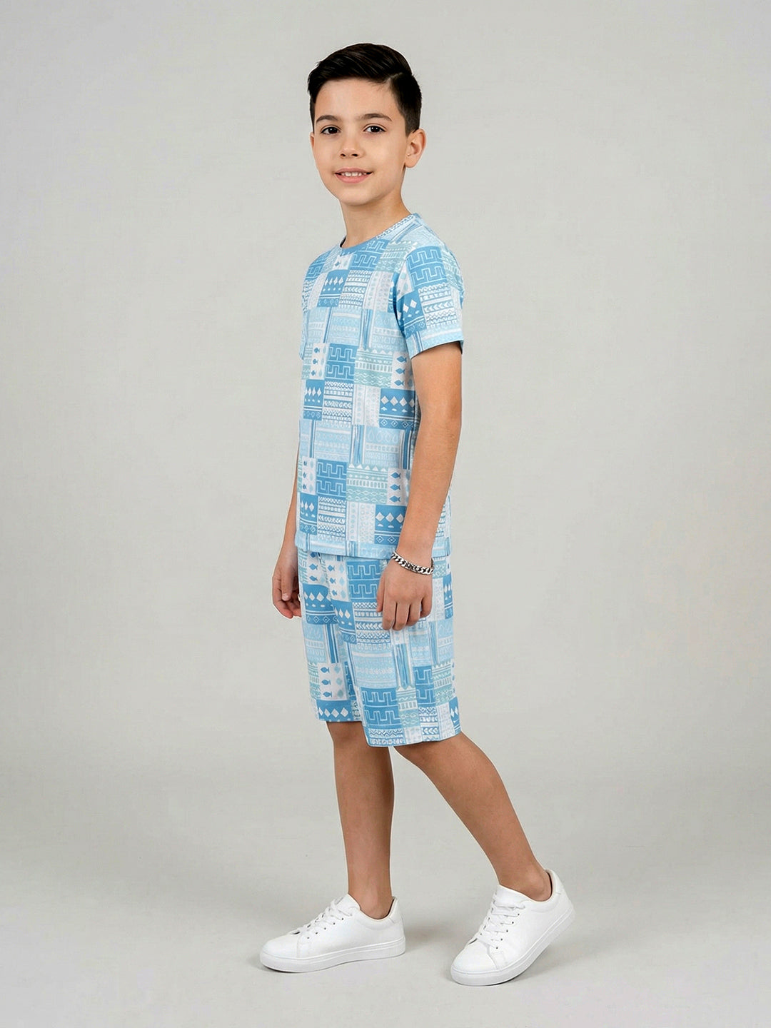 Boys Blue Printed Round Neck Half Sleeve Cords Set